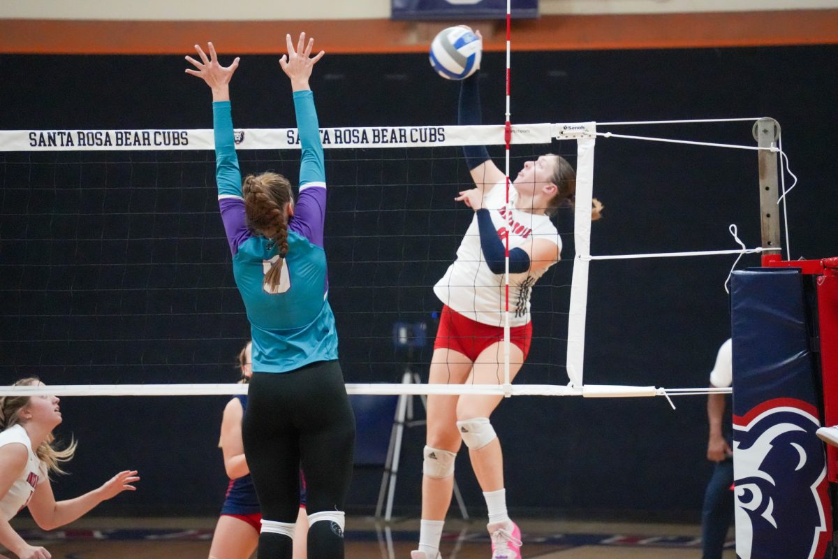 Santa Rosa’s outside hitter Katie Brenninger goes up for a spike against Folsom Lake on Friday September 27, 2024. 
