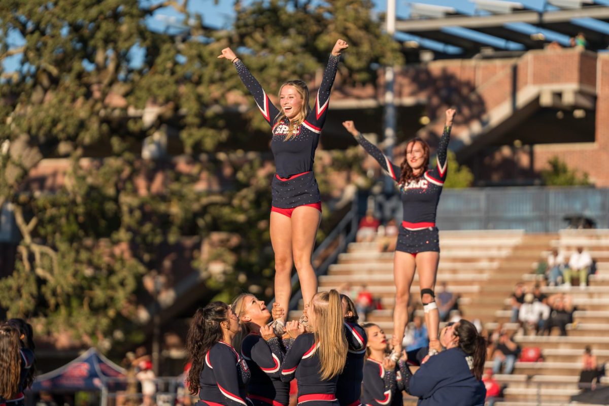 SRJC Cheer performs during halftime at Santa Rosa's Bailey Field on Saturday, September 7, 2024.