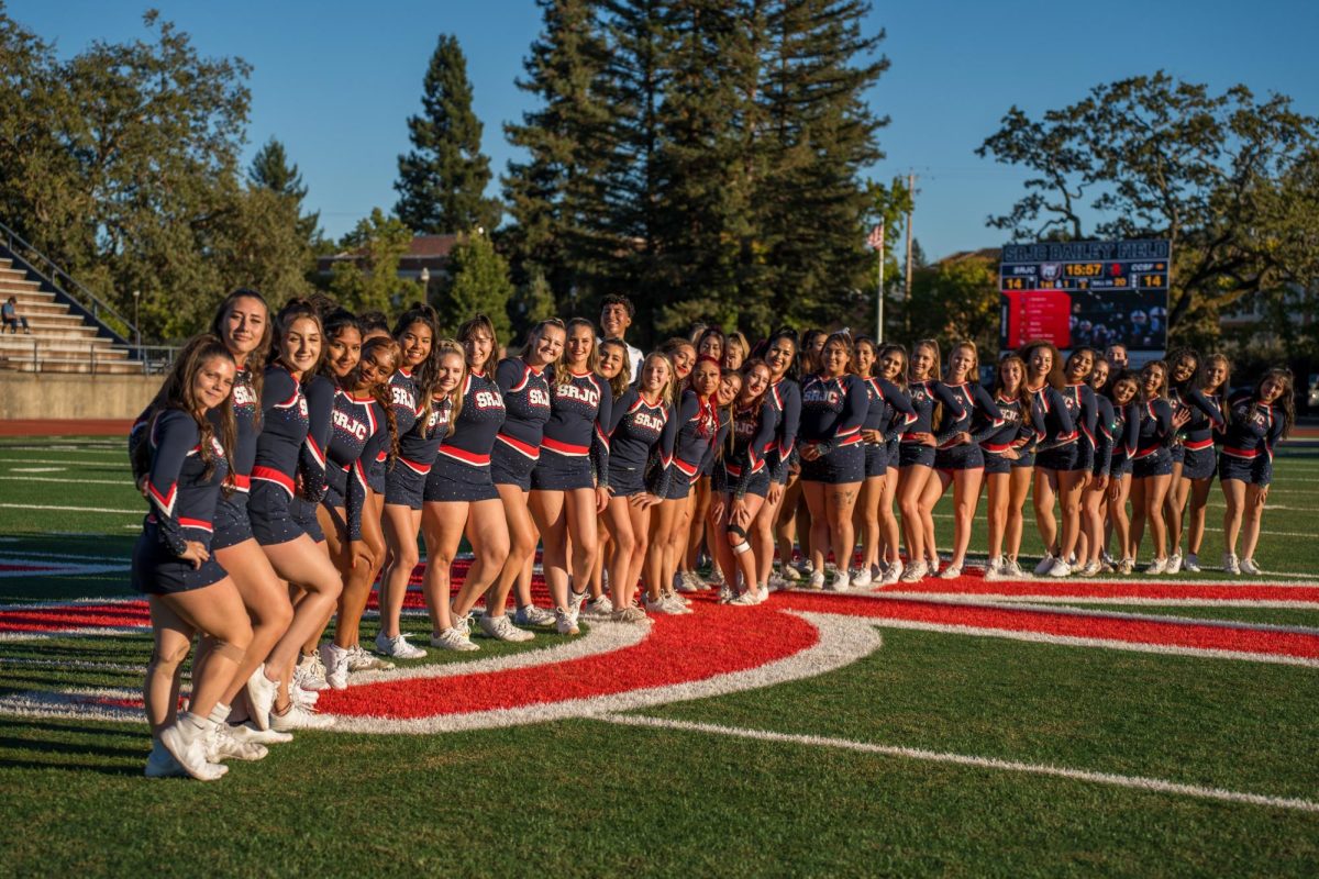 The SRJC Cheer team is all smiles after their first halftime show back at Santa Rosa's Bailey Field on Saturday, September 7, 2024.