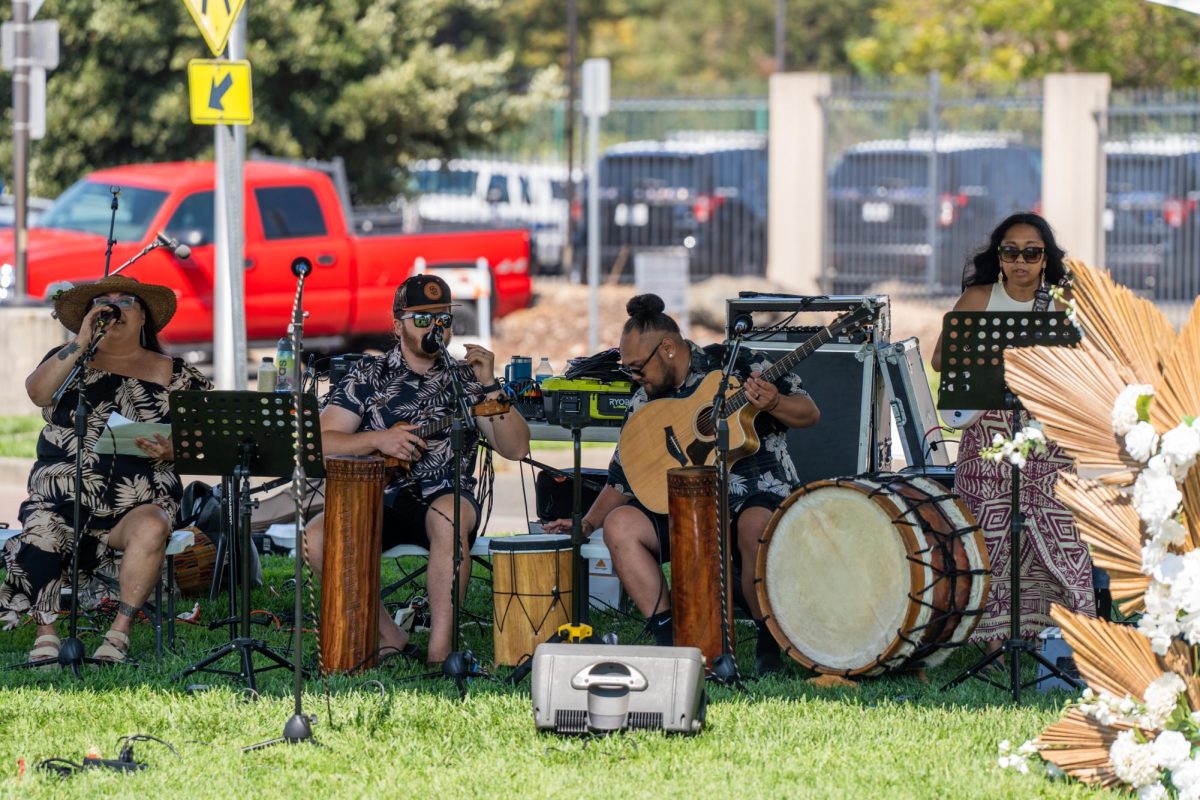 The band accompanying the Taimalietane Islands of Polynesia (T.I.O.P) dance group gets ready at the Pacific Islander Festival in Rohnert Park on August 24, 2024.