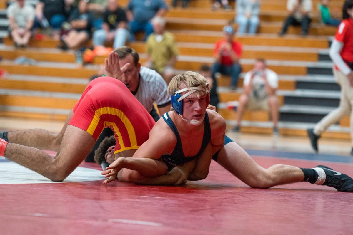 Talon Pleau is relentless as he pins his opponent from Skyline College at Haehl Pavilion on September 14, 2024.