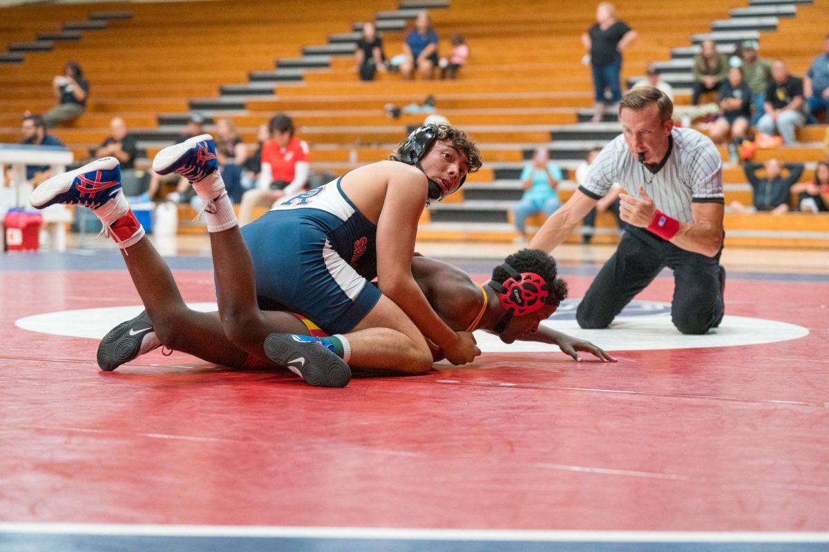 Vicente Rodarte pins his opponent from Skyline College at Haehl Pavilion on September 14, 2024.