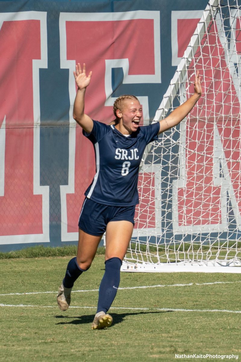 Santa Rosa’s forward Taylor Gandy celebrates her opening goal against Modesto on Tuesday, Oct. 22, 2024. 