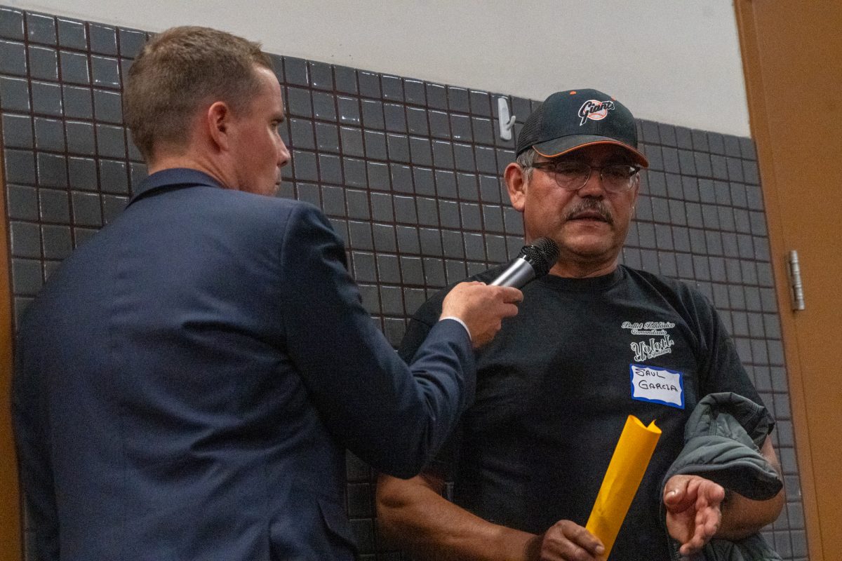 Attendee Saul Garcia speaks during Senator Mike McGuire’s Town Hall Meeting in Windsor at the Sonoma County Fire District Station No.3 on Oct. 17, 2024.