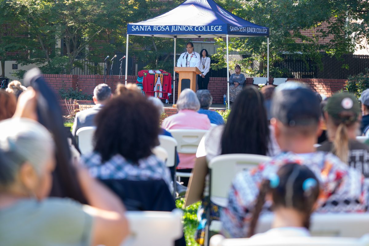 John Duran, Native American Center Coordinator at SRJC, speaks during the Indigenous Peoples' Celebration on the Santa Rosa campus on Monday, Oct. 14, 2024.