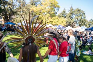 Danza Azteca Grupo Xantotl leads the attendees in a friendship dance during the Indigenous Peoples' Celebration on the Santa Rosa campus on Monday, Oct. 14, 2024.