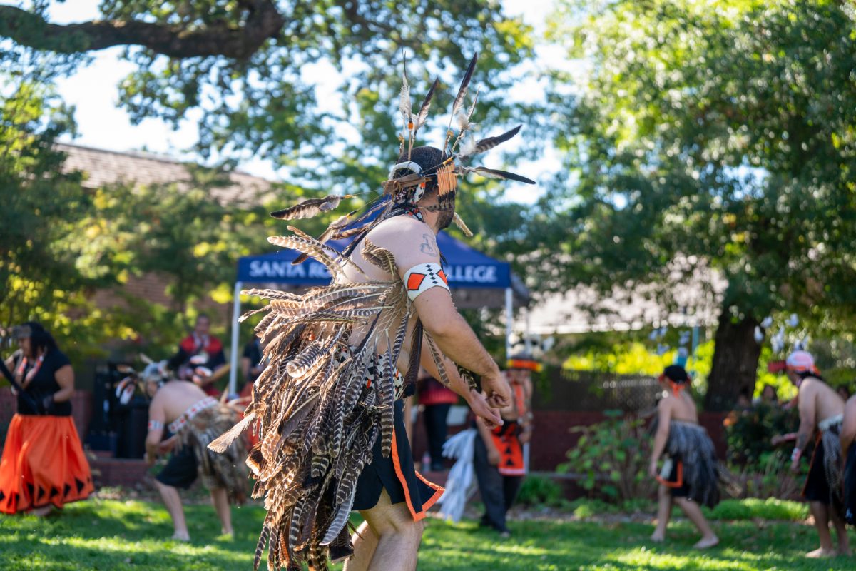 Tri County Pomo Dancers honor their culture by dance during the Indigenous Peoples' Celebration on the Santa Rosa campus on Monday, Oct. 14, 2024.