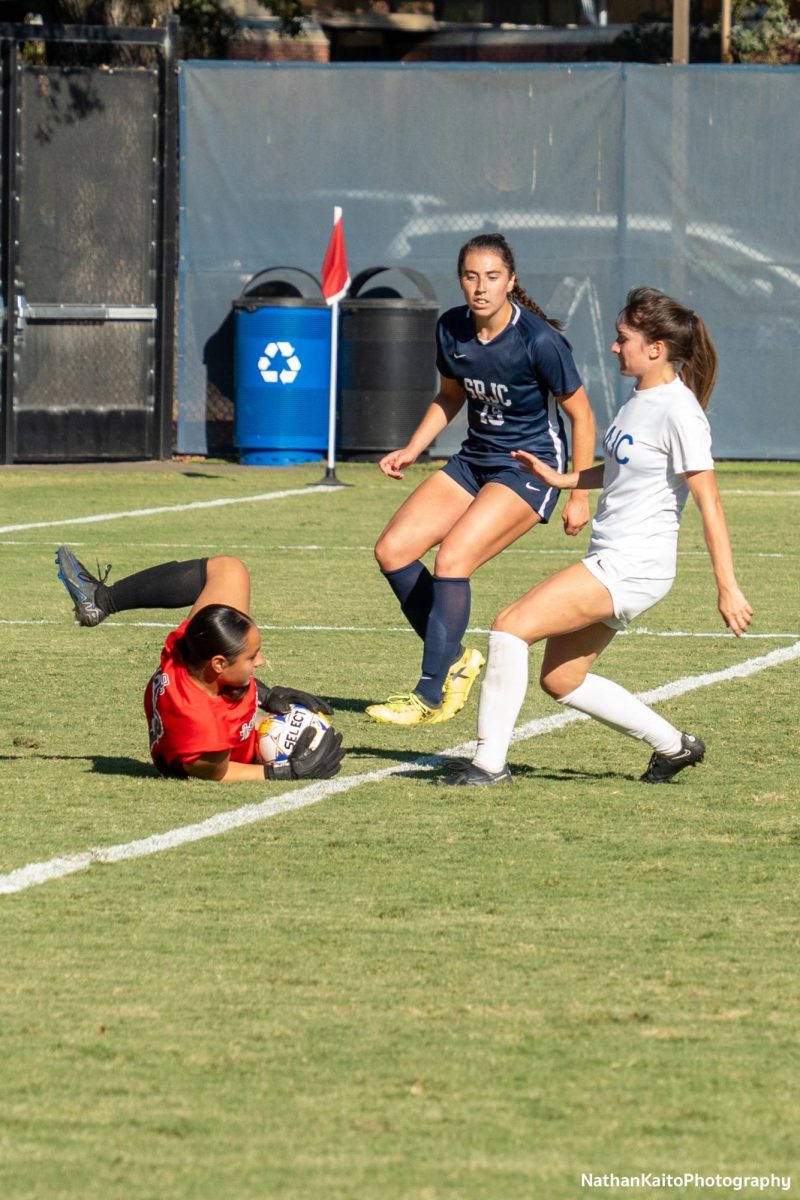 Bear Cubs’ goalkeeper Brooklyn Martens makes a sweeping save against Modesto on Tuesday, Oct. 22, 2024. 