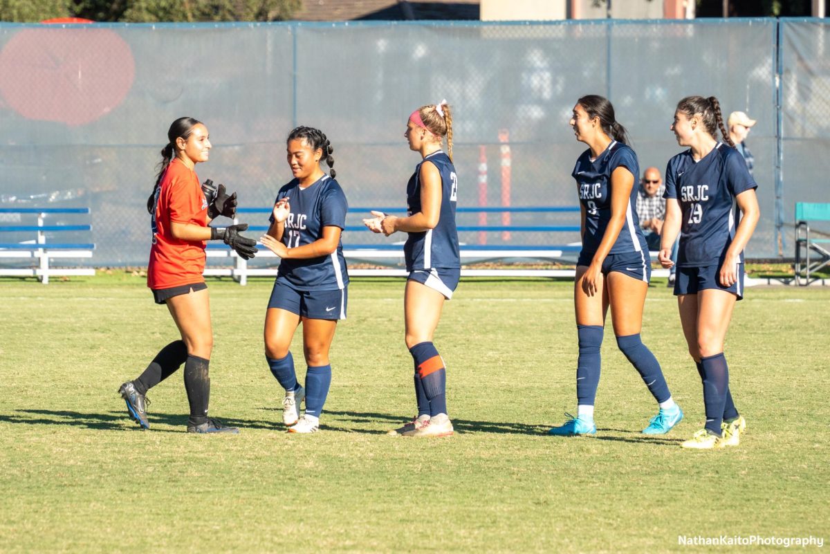 (left to right) Brooklyn Martens, Kaiya Gargaring, Shae Dougherty, Jocelyn Rojas-Garfias, and Cassidy Avila congratulate each other after the full-time whistle against Modesto on Tuesday, Oct. 22, 2024. 