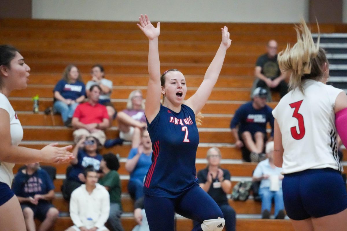 Bear Cubs defensive specialist Jaiden Brooner celebrates a point against Diablo Valley College at Haehl Pavilion on Oct. 9, 2024. 