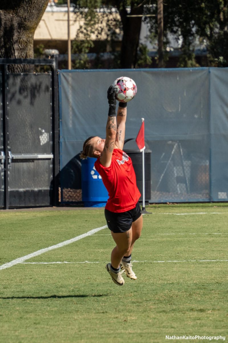 Bear Cub’s goalkeeper, Dorothy Nickel makes a top-drawer save during warm-ups before the match against Modesto on Tuesday, Oct. 22, 2024.