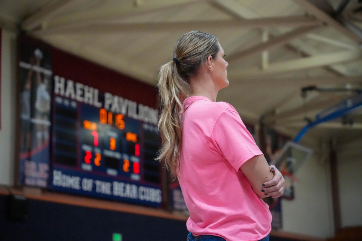 Santa Rosa’s head coach Ally Sather looks on as her team rallies against Diablo Valley College at Haehl Pavilion on Oct. 9, 2024. 