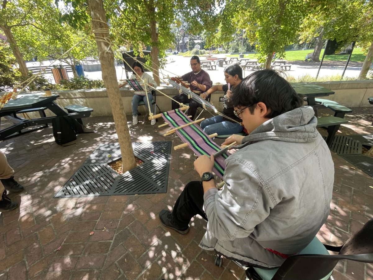 Event participants gathered around a tree outside beginning their own respective looms at Santa Rosa Junior College 20 Sept. 2024