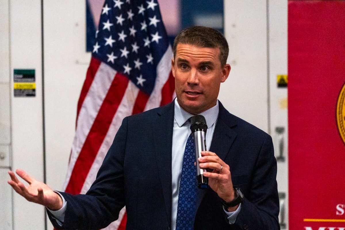 State Senator Mike McGuire speaks to the attendees of his town hall meeting in Windsor at the Sonoma County Fire District Station No. 3 on Oct. 17, 2024.