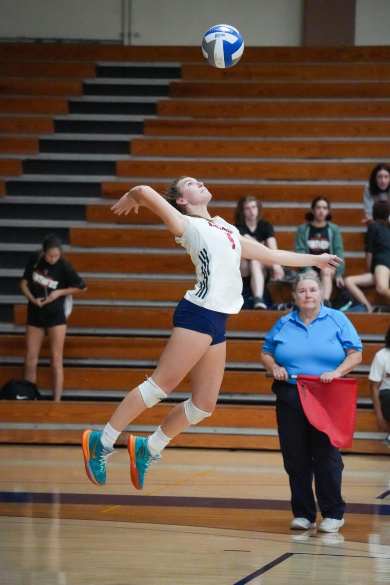 Bear Cubs outside hitter Madison Shaw serves the ball as the team looks to complete the sweep against Diablo Valley College at Haehl Pavilion on Oct. 9, 2024. 