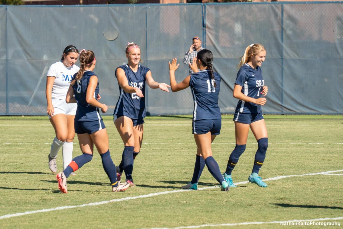 (Left to right) midfielder/forward Olivia Hohnstein, forward Shae Dougherty, midfielder Mia Carra, and forward Katie Curran celebrate Dougherty’s goal against Modesto on Tuesday, Oct. 22, 2024. 