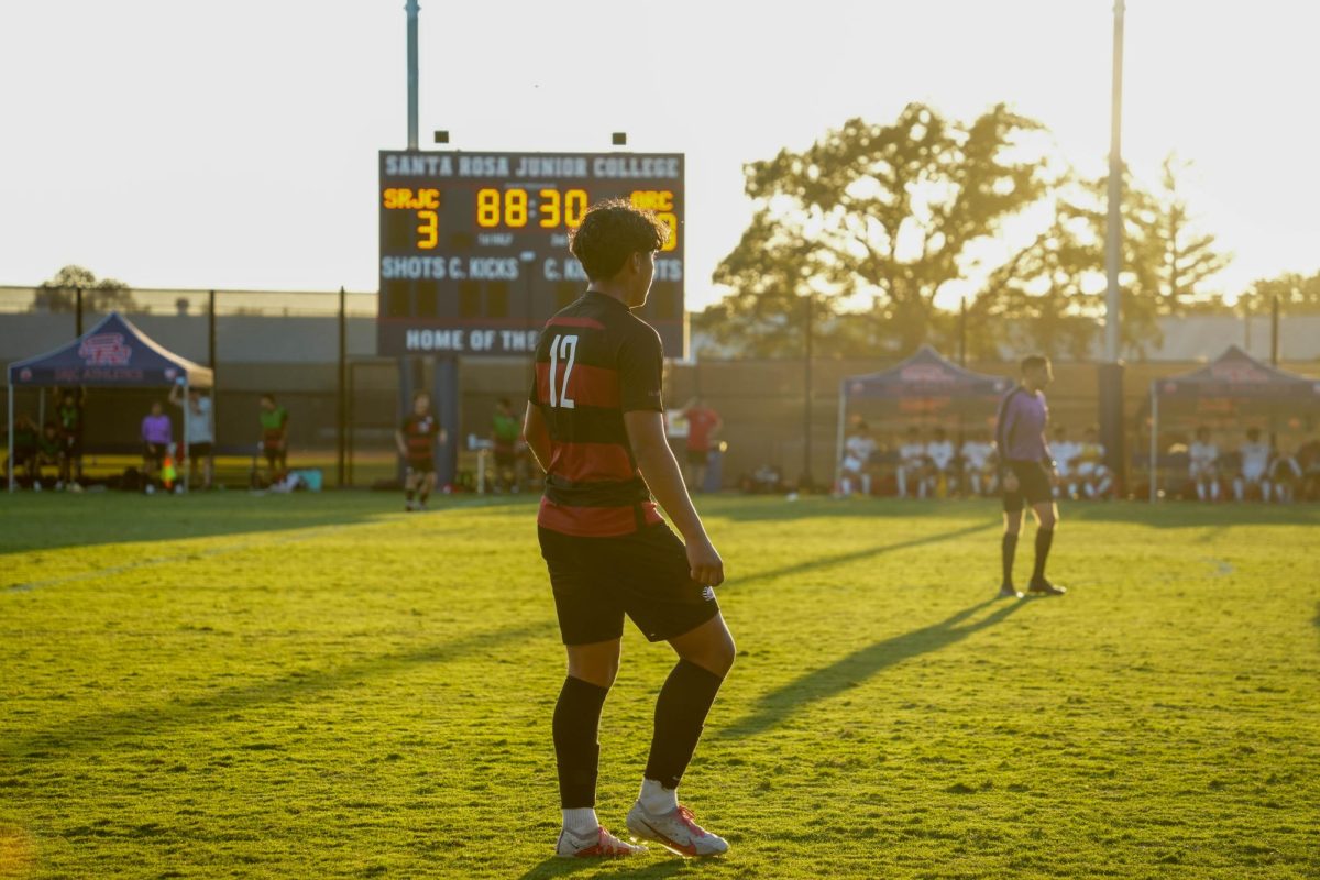 Santa Rosa’s midfielder Issac Castillo pauses during a break in play against American River on Tuesday, Oct. 1, 2024

