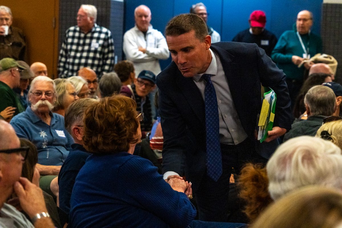 State Senator Mike McGuire is cordial as he begins his Town Hall Meeting in Windsor at the Sonoma County Fire District Station No. 3 on Oct. 17, 2024.