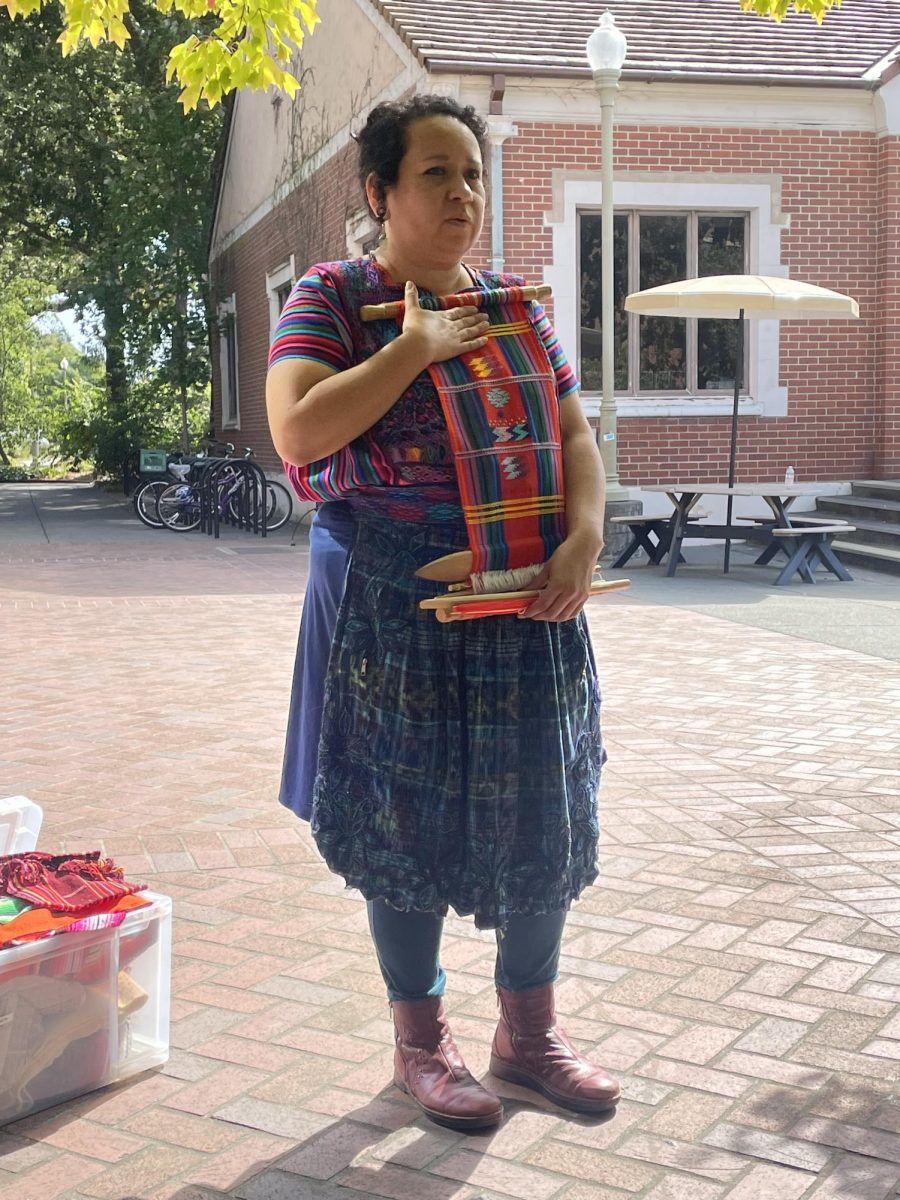 Sari’s loom shown as an example at the event to give the attendees a model of what theirs will look like at the end at Santa Rosa Junior College 20 Sept. 2024