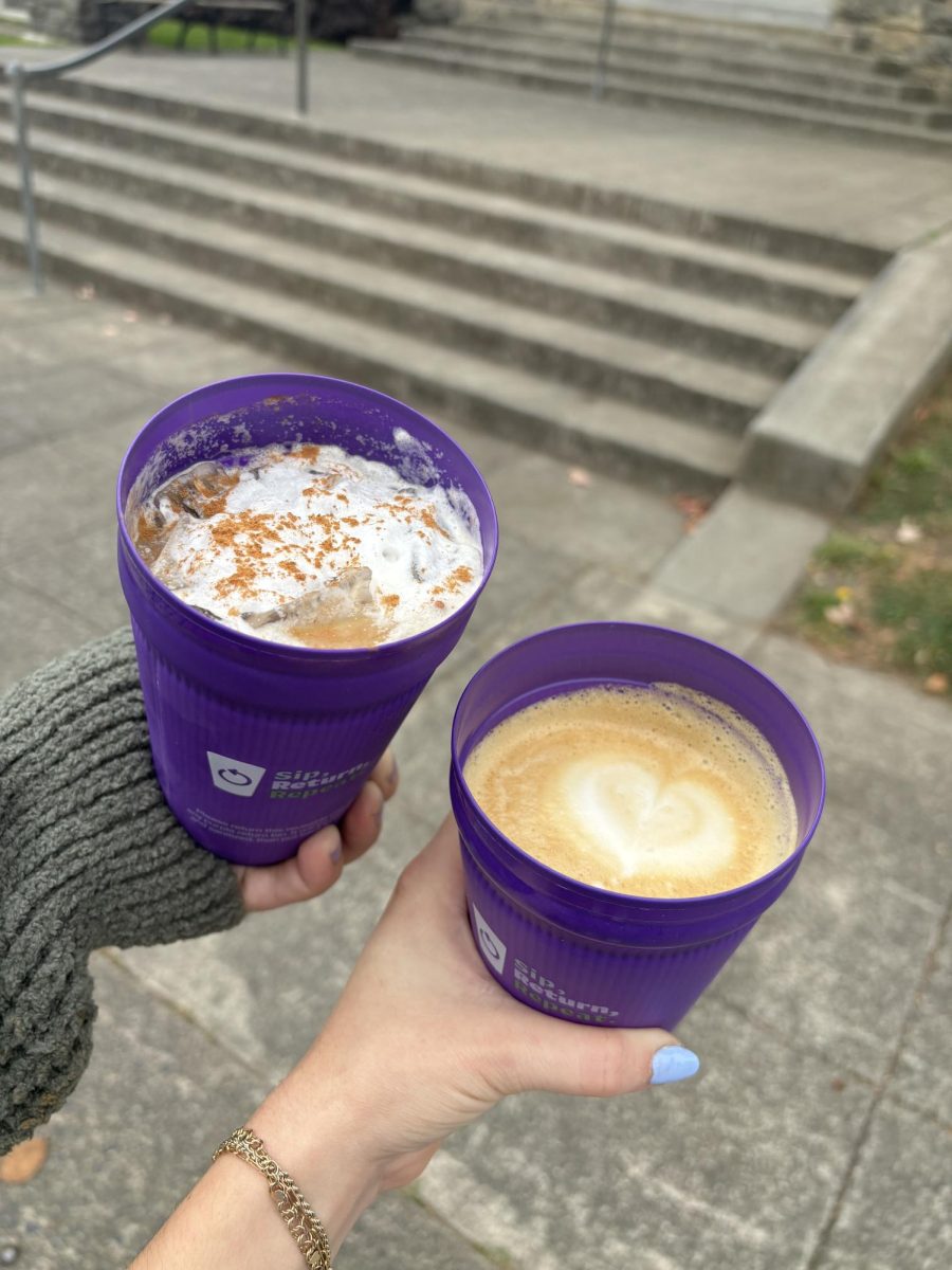 The Autumn Dream (left), a nitro cold brew with pumpkin pie syrup and cold foam and a hot pumpkin latte (right) are served in city-specific recyclable and reusable cups in front of the Petaluma Historical Library and Museum on Saturday, Oct. 12, 2024.