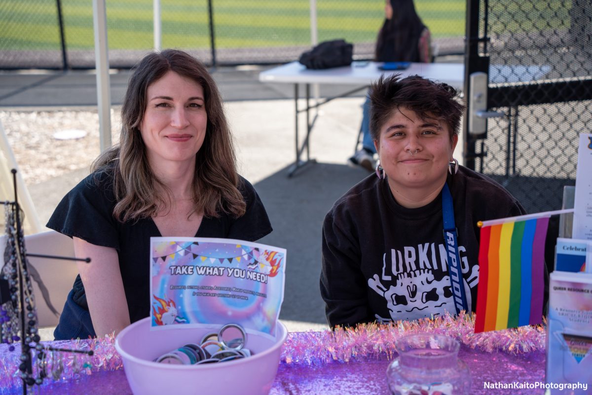 (Left to right) Jennifer Espinoza and Felix Santiago from SRJC’s Queer Resource Center near the entrance of the soccer field for the women’s soccer game against Modesto. 