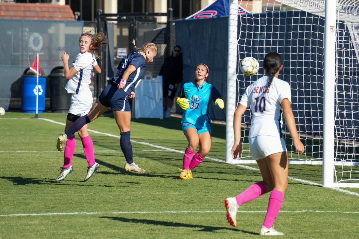 Santa Rosa's Forward, Taylor Gandy places a header wide of the target against American River College on Tuesday, Oct. 15, 2024.