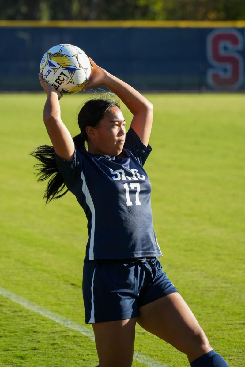 Santa Rosa’s defender Kaiya Gargaring takes a throw-in against American River College on Tuesday, Oct. 15, 2024.