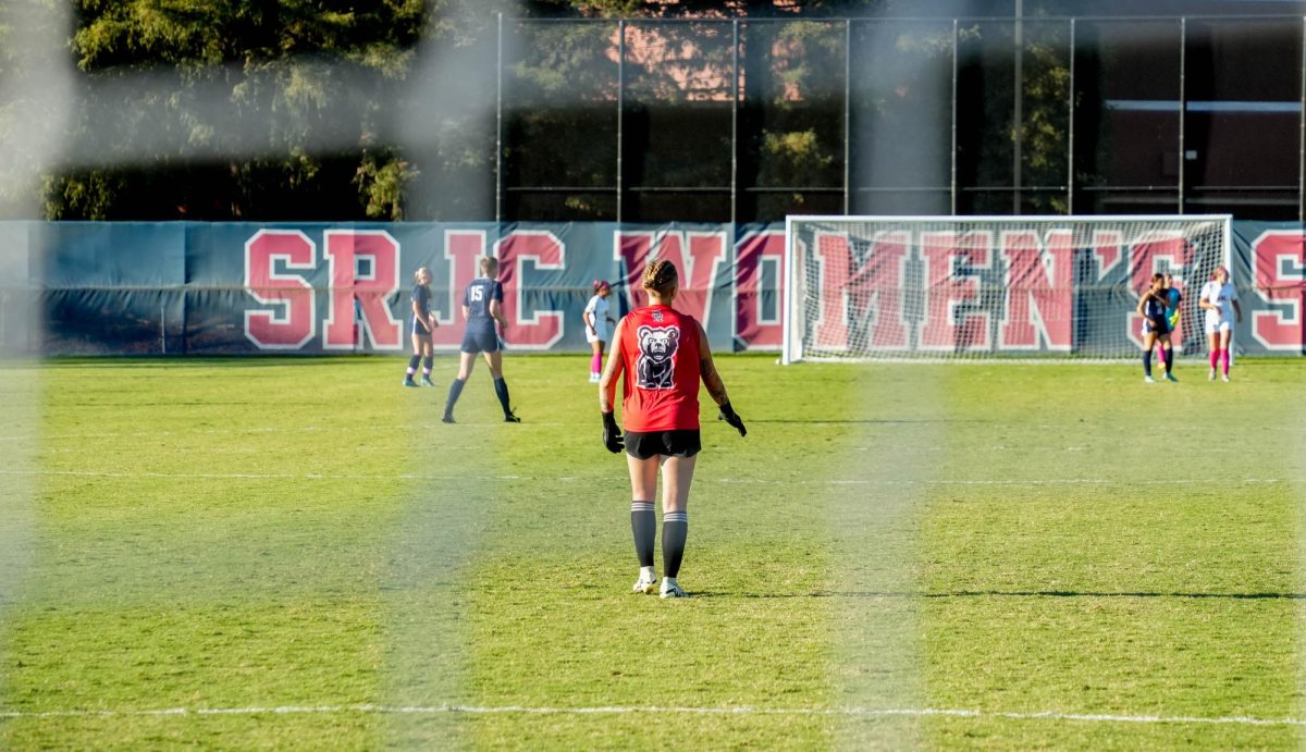 Bear Cubs goalkeeper Dorothy Nickel directs the team from the back against American River College on Tuesday, Oct. 15, 2024.