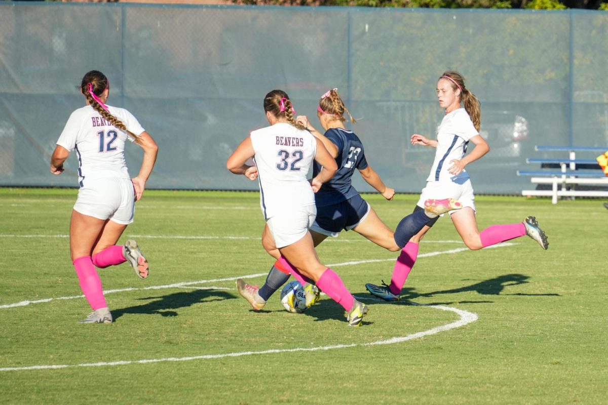 Bear Cubs forward Shae Dougherty unleashes a shot, making the score 4-0 against American River College on Tuesday, Oct. 15, 2024.