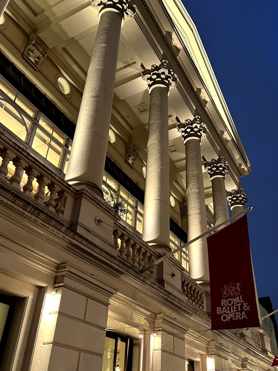 The Royal Opera House is lit up before an evening performance of  "Alice's Adventures in Wonderland," a co-production of The Royal Ballet and The National Ballet of Canada.