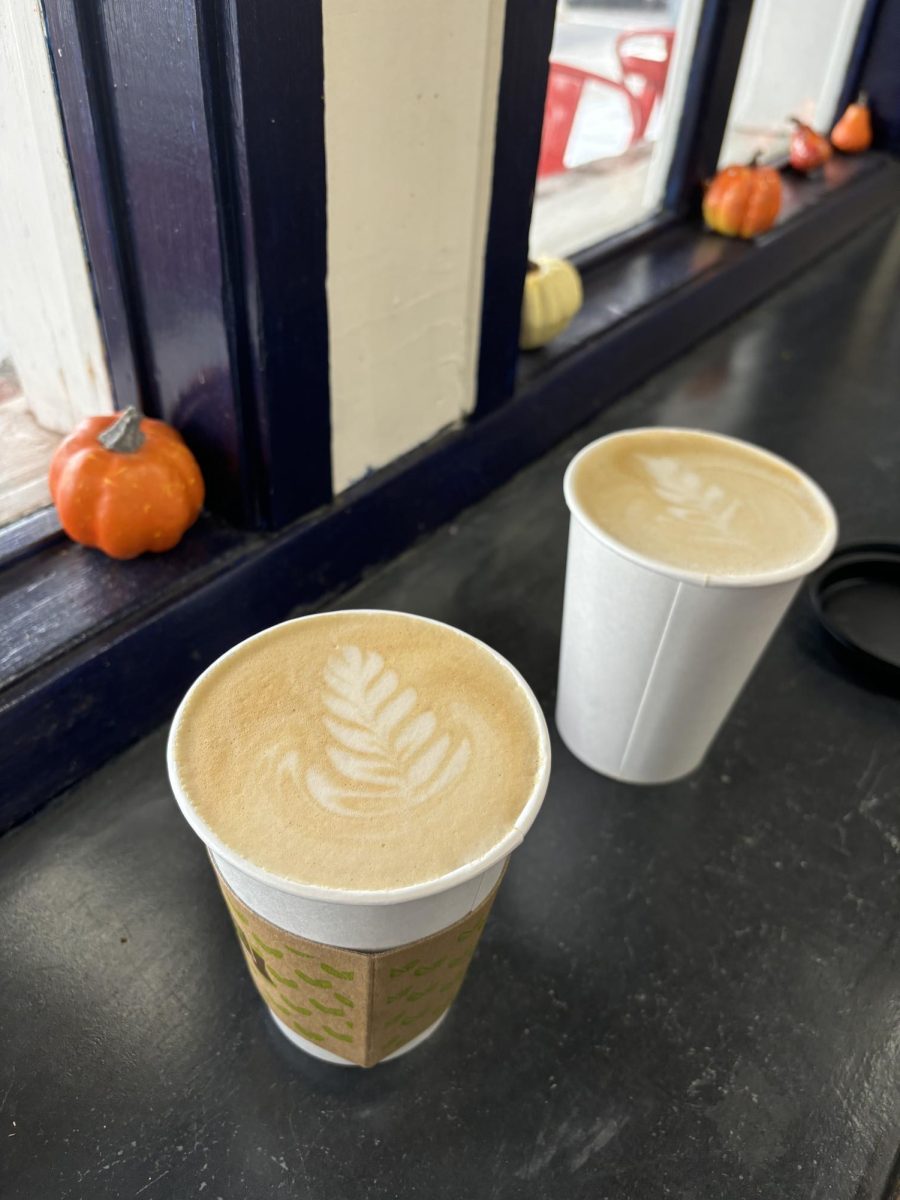 On the left, a to-go coffee cup holds a dirty vanilla almond chai next to a to-go honey lavender latte. Both coffees are on the coffee counter, which has seasonal pumpkin decorations in the background. Red Bird Bakery, Friday, Oct. 11, in Cotati. 