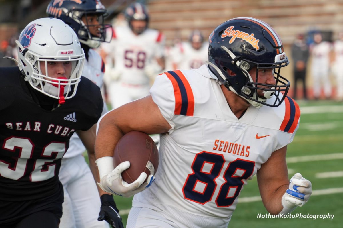 Bear Cubs strong safety Mason Dean chases COS tight end Connor Murweiss during the game at Bailey Field on Friday, Oct. 11, 2024.