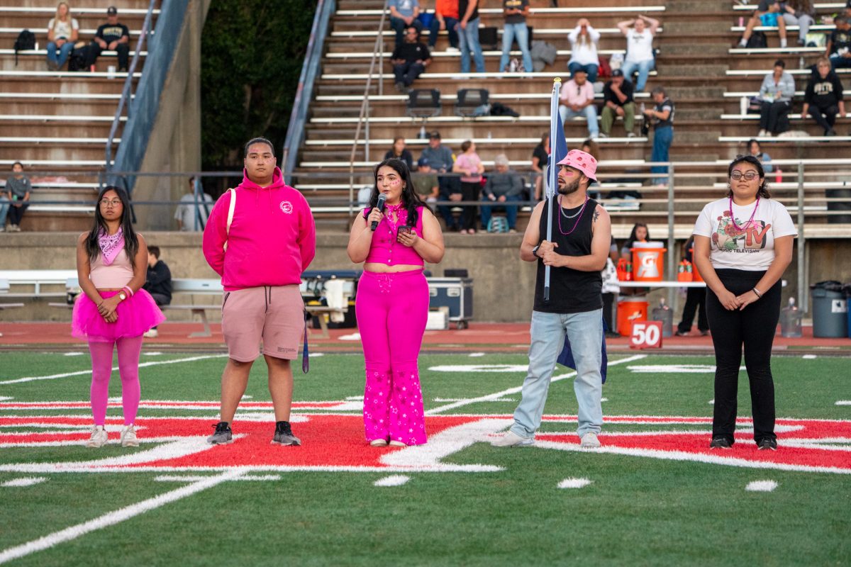 SRJC Vice President of Marketing Emily Marian acknowledges October as Breast Cancer Awareness Month during the game against Butte College at home on Friday, Oct. 18, 2024.
