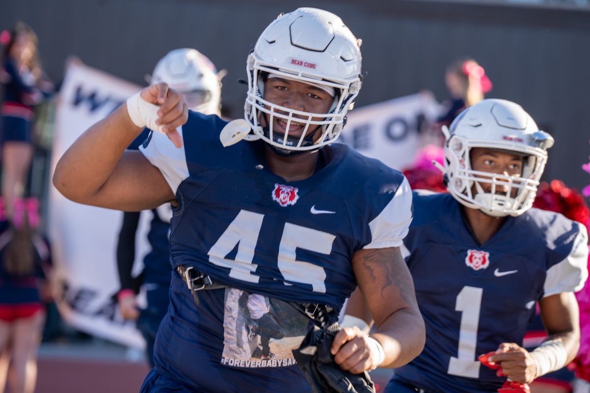 SRJC defensive tackle Brandon Williams runs out to the field ahead of the game against Butte College at home on Friday, Oct. 18, 2024.