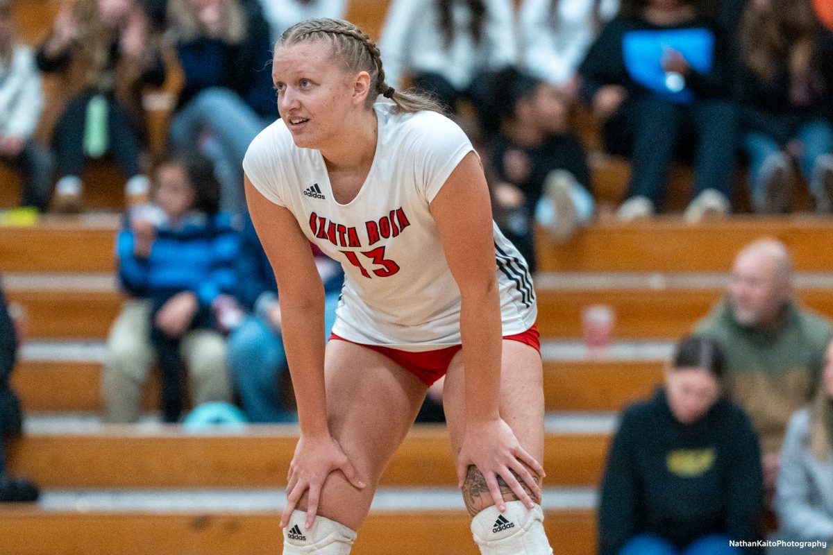 Santa Rosa’s middle blocker Sarah Thornton looks on and prepares for another rally against Sacramento City College at Haehl Pavilion on Friday, Nov. 1, 2024.