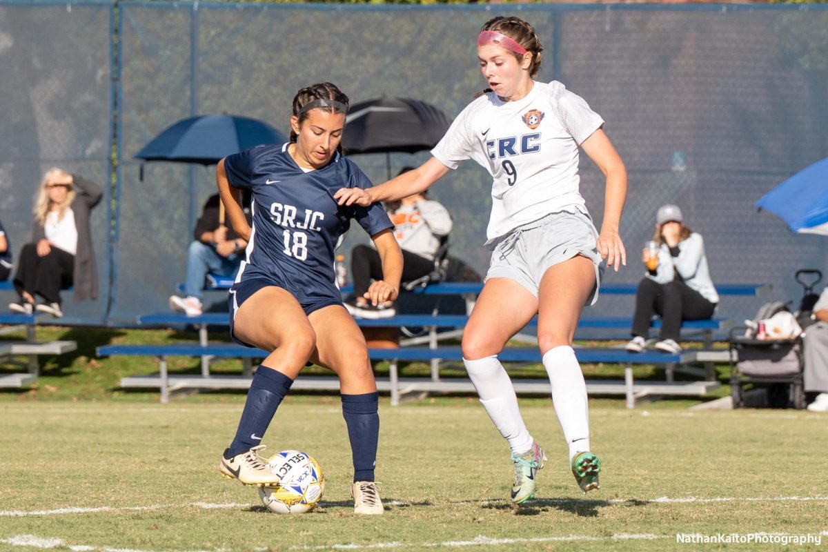 Santa Rosa’s defender/midfielder Natalie Ortiz chops and wriggles away from Cosumnes River’s midfielder Emily Bailey at home on Tuesday, Oct. 29, 2024.