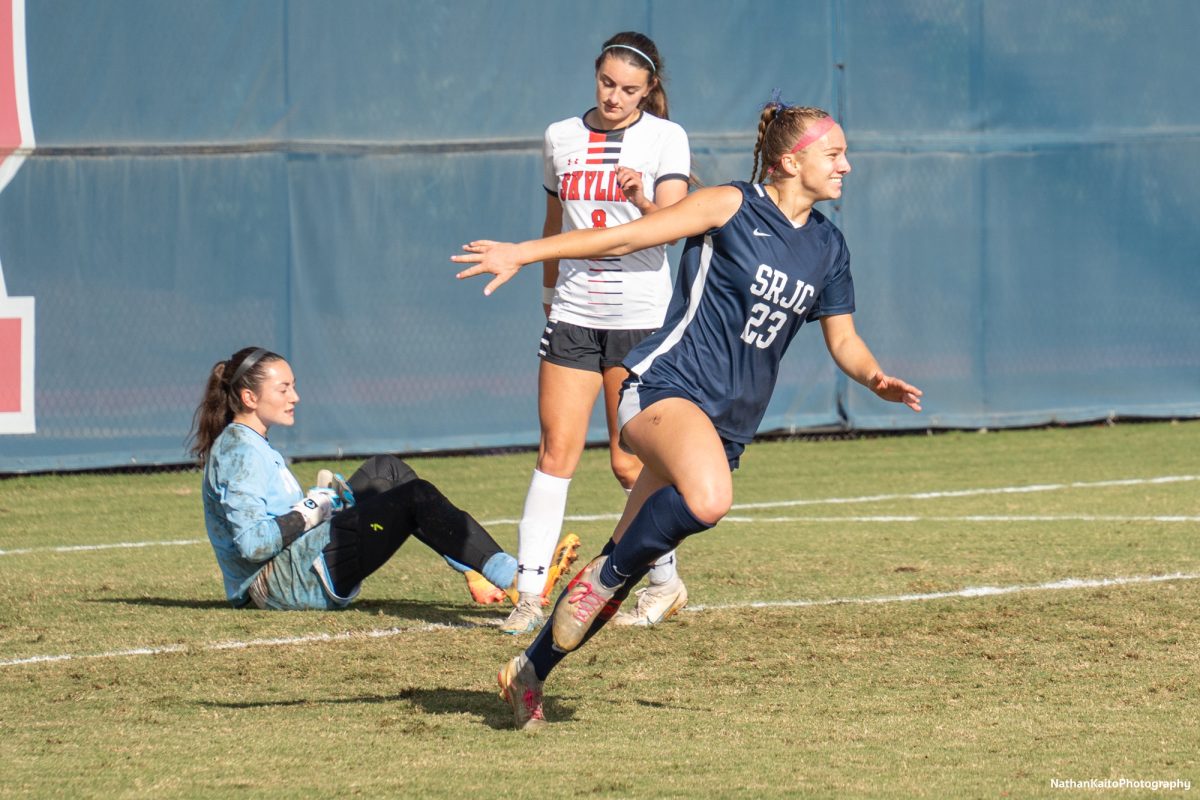 Santa Rosa’s forward Shae Dougherty runs to celebrate after opening the scoring against Skyline College at home on Nov. 23, 2024