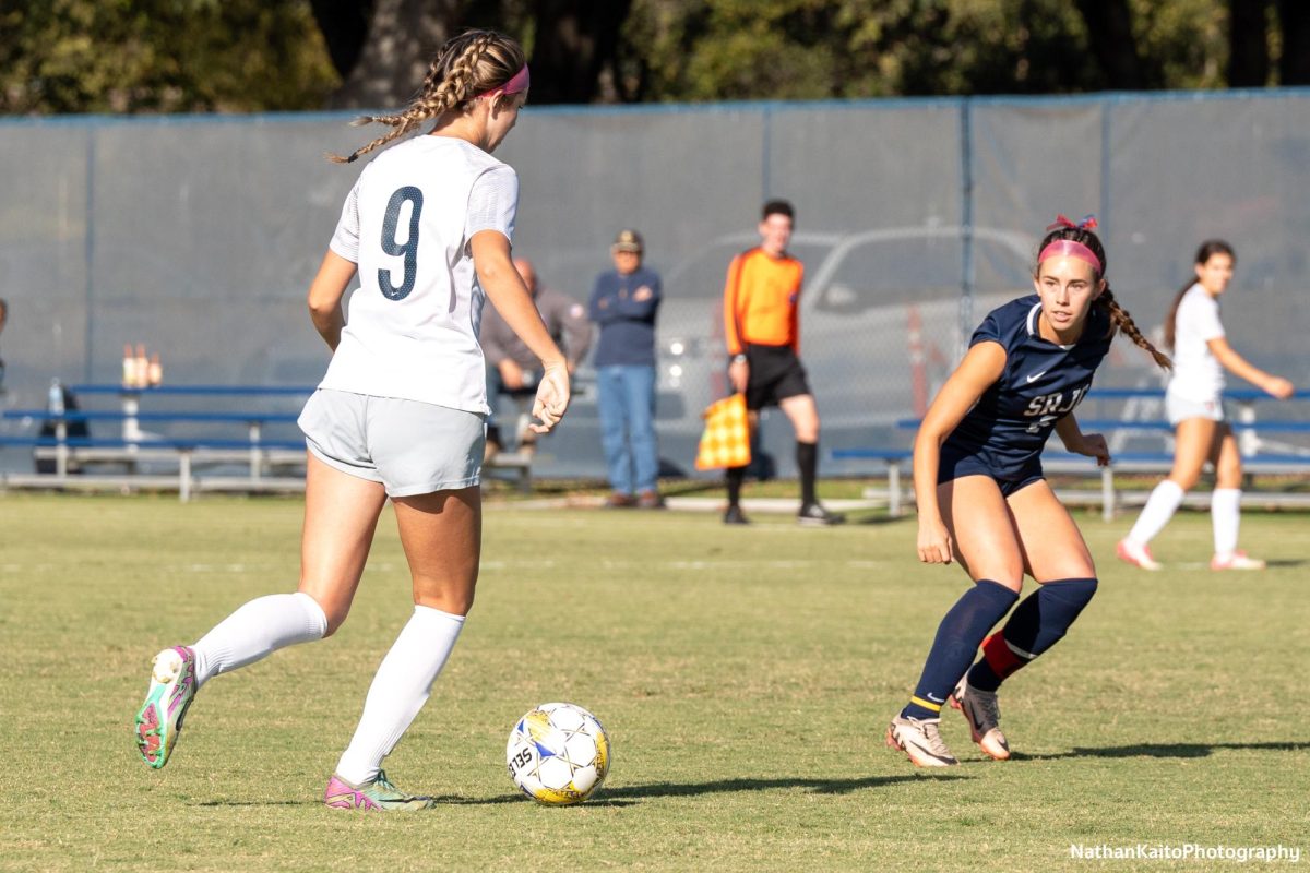 Bear Cubs’ midfielder/forwards Olivia Hohnstein squares up with Cosumnes River’s midfielder Emily Bailey at home on Tuesday, Oct. 29, 2024.