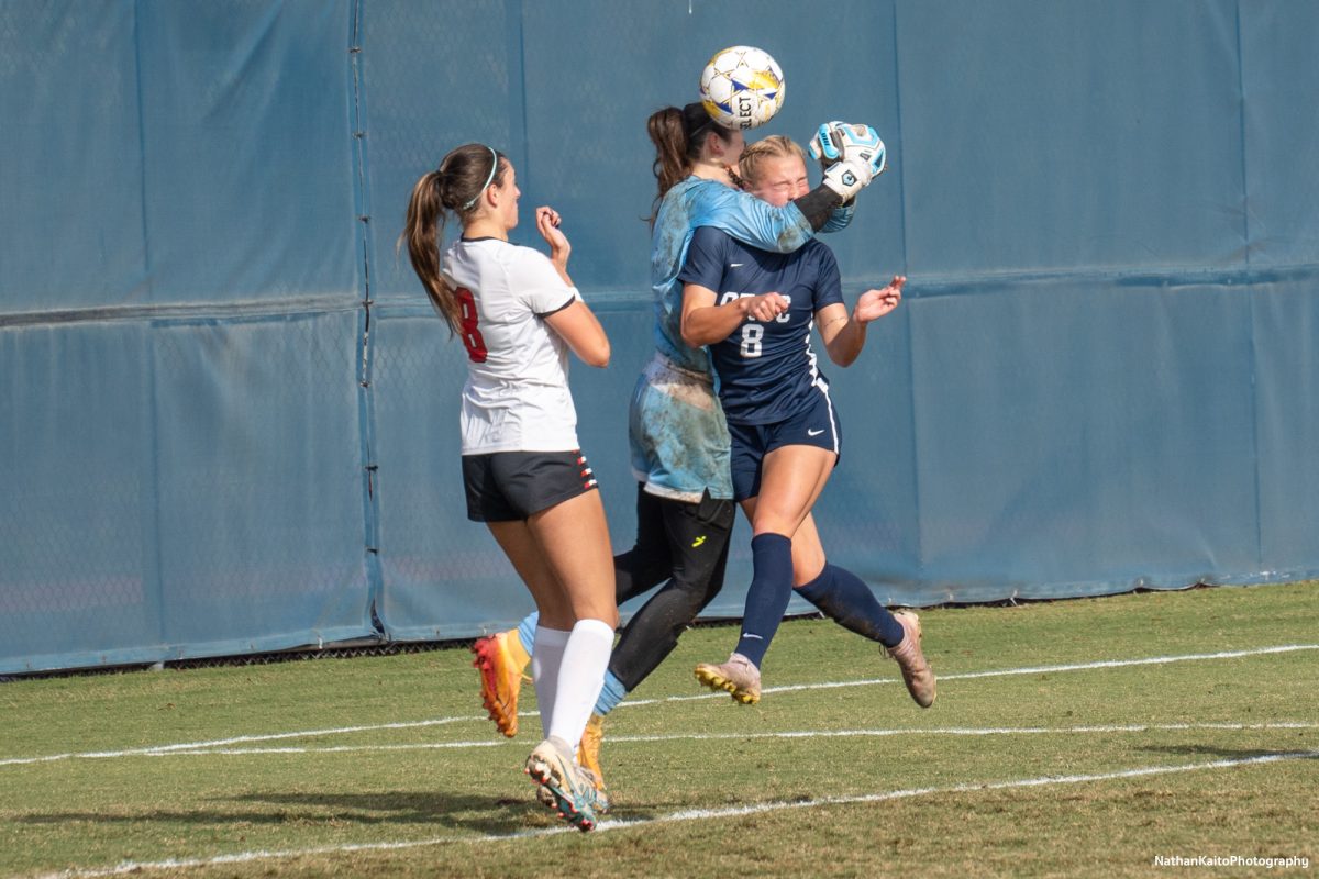 Bear Cubs’ forward Taylor Gandy gets wiped out by opposing goalkeeper Thaily Anderberg while they look for an opener against Skyline College at home on Nov. 23, 2024