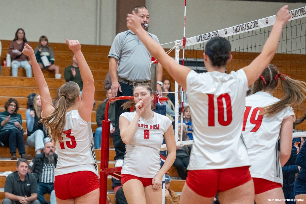 Bear Cubs’ outside hitter Katie Brenninger cooly celebrates with her teammates against the College of the Sequoias at Haehl Pavilion on Nov. 23rd, 2024. 