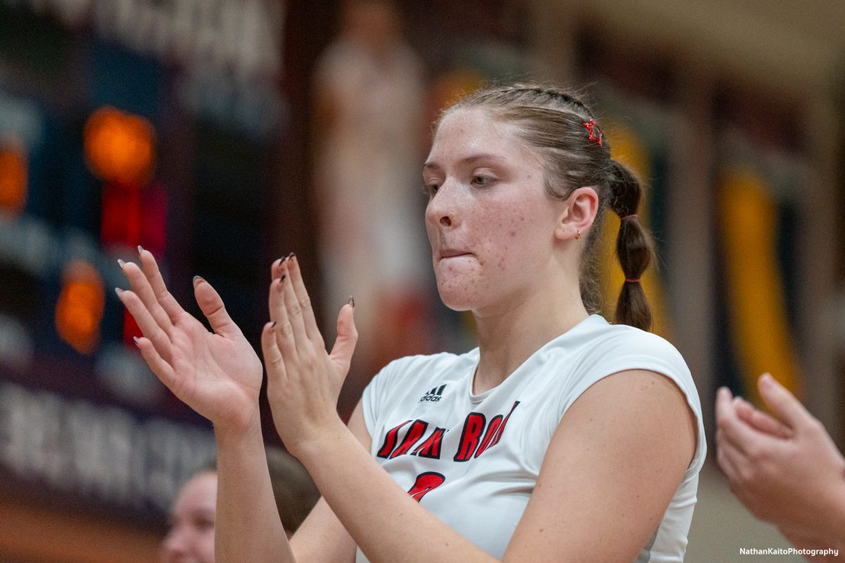 Bear Cubs’ outside hitter Katie Brenninger encourages her teammates during a time-out against Sacramento City College at Haehl Pavilion on Friday, Nov. 1, 2024. 