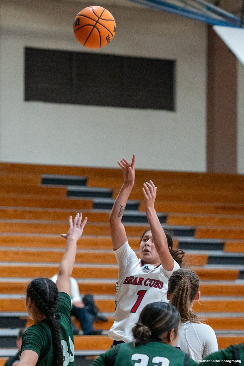 Bear Cubs’ guard Lindsey Arellano jumps highest to get off a jump shot against Laney at Haehl Pavilion on Friday, Nov. 22, 2024. 