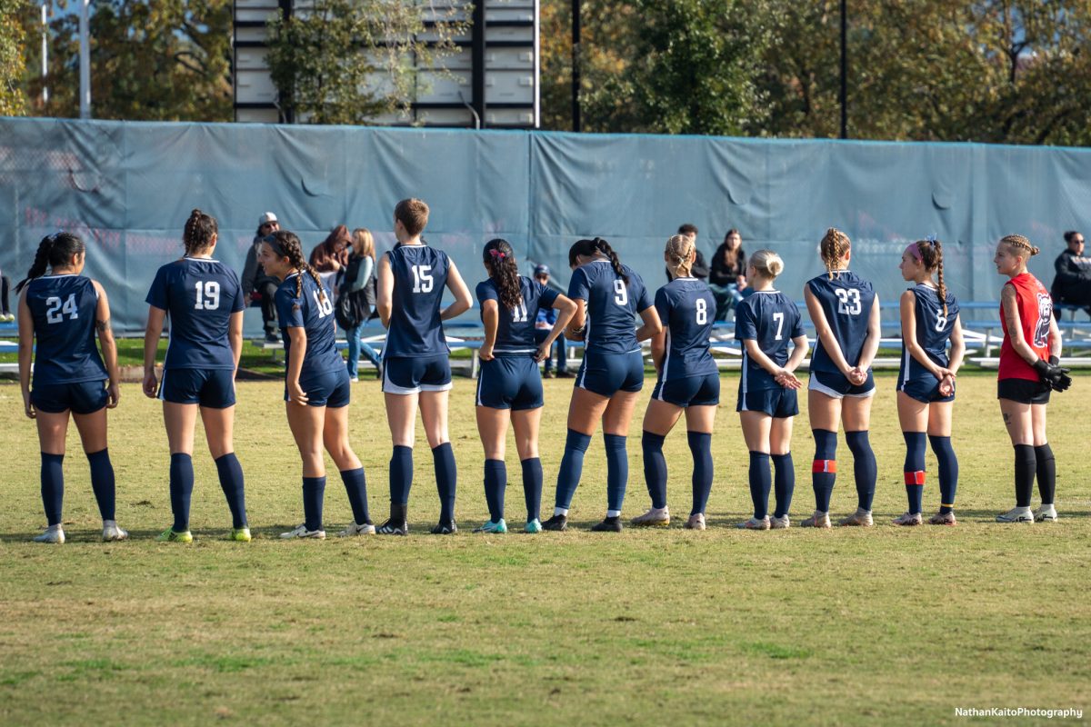 The Santa Rosa Junior College’s Women’s Soccer team’s starting XI lines up before their match against Skyline College at home on Nov. 23, 2024