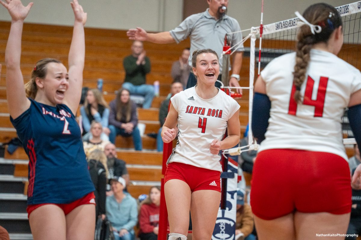 Bear Cubs’ outside hitter Madison Shaw jumps in celebration with Jaiden Brooner against the College of the Sequoias at Haehl Pavilion on Nov. 23rd, 2024. 