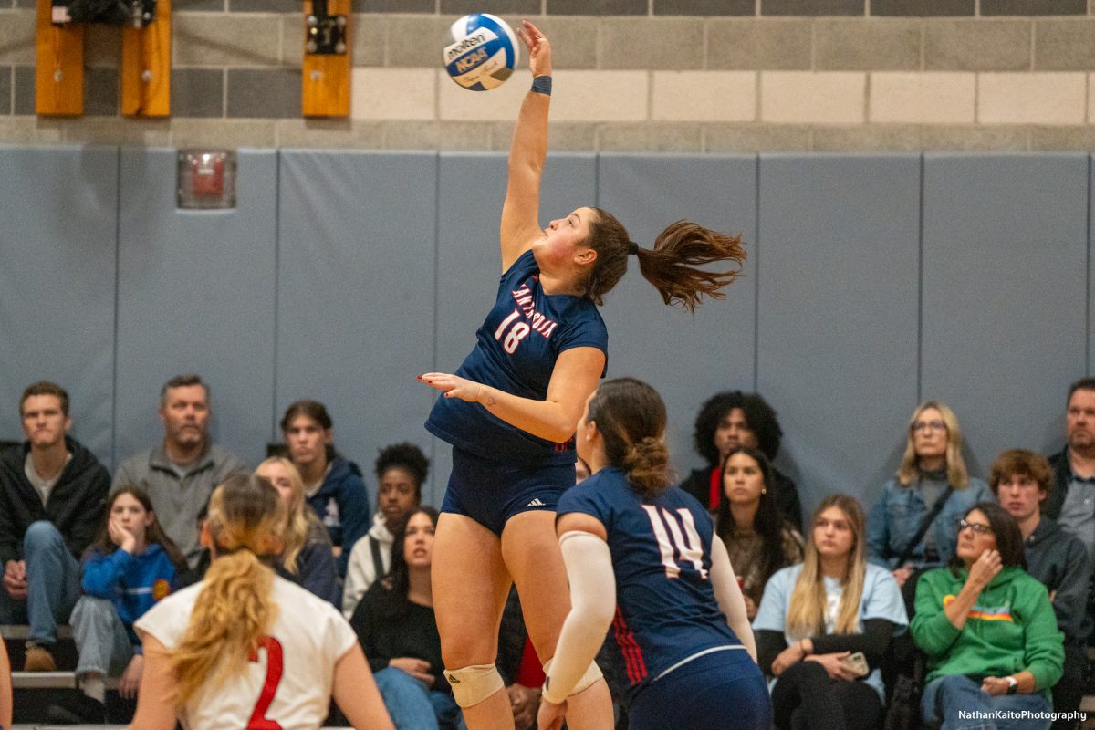 Santa Rosa’s middle/opposite Luka Amand rises to spike the ball against American River at the American River gym on Tuesday, Nov. 26. 