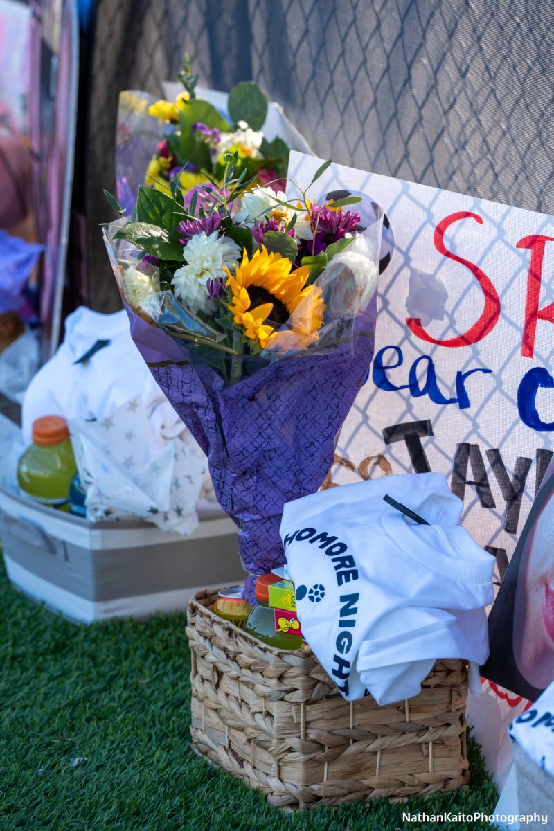 Gift baskets, flowers and posters set out in honor of the Bear Cubs’ sophomores before their match against Cosumnes River at home on Tuesday, Oct. 29, 2024.