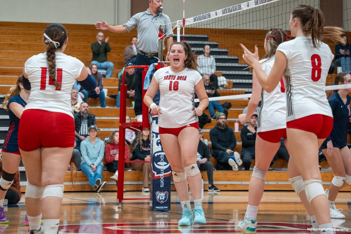 Bear Cubs’ middle/opposite Luka Amand celebrates proudly after scoring against the College of the Sequoias at Haehl Pavilion on Nov. 23rd, 2024. 