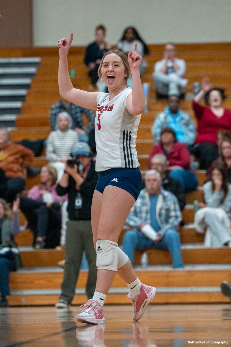 Bear Cubs’ setter Sierra Yates-Bruch looks to the bench and celebrates a point against San Joaquin Delta at Haehl Pavilion on Friday, Nov. 15, 2024.