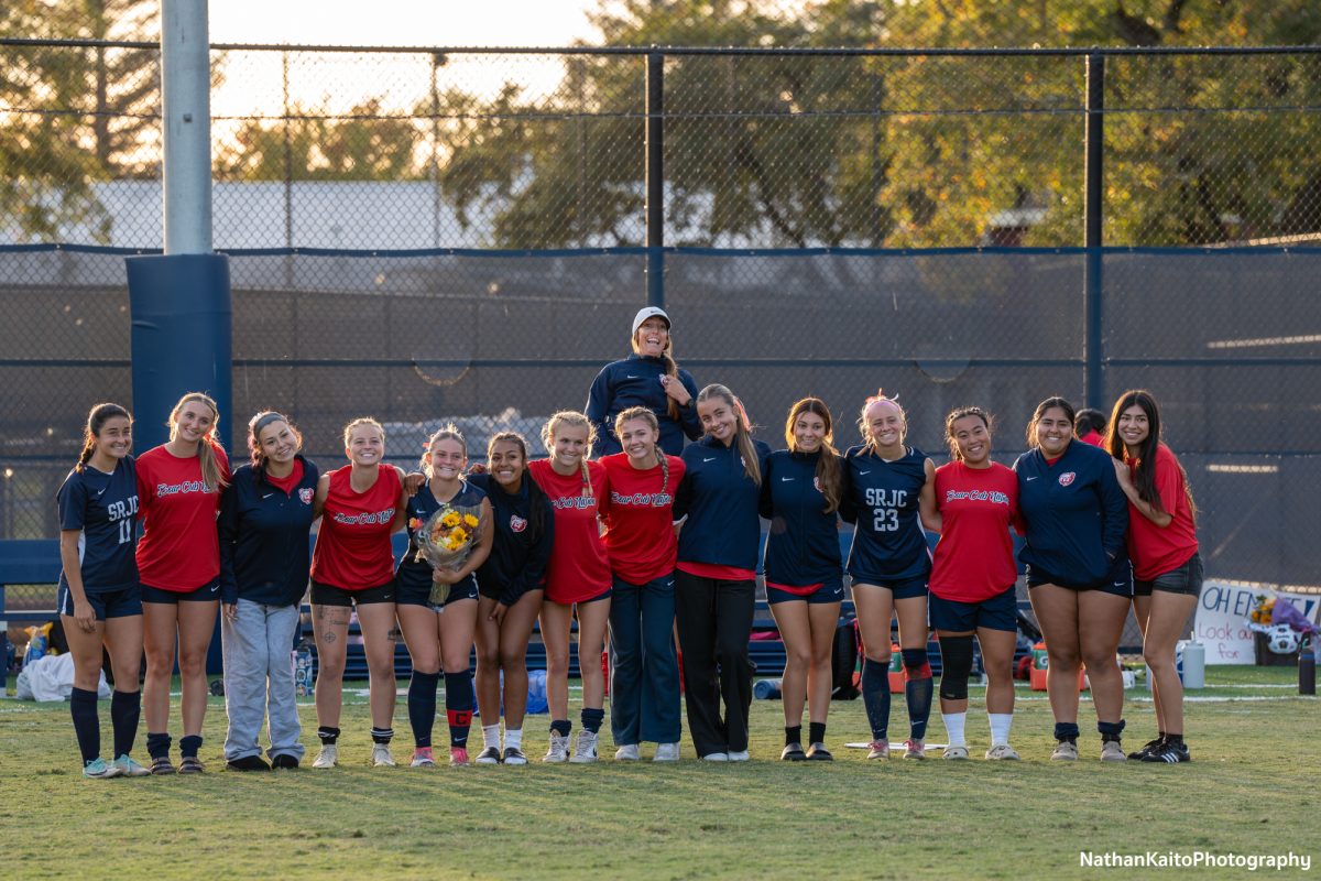 The Santa Rosa Bear Cubs and head coach Crystal Chaidez pose for a photo after their draw against Cosumnes River at home on Tuesday, Oct. 29, 2024.