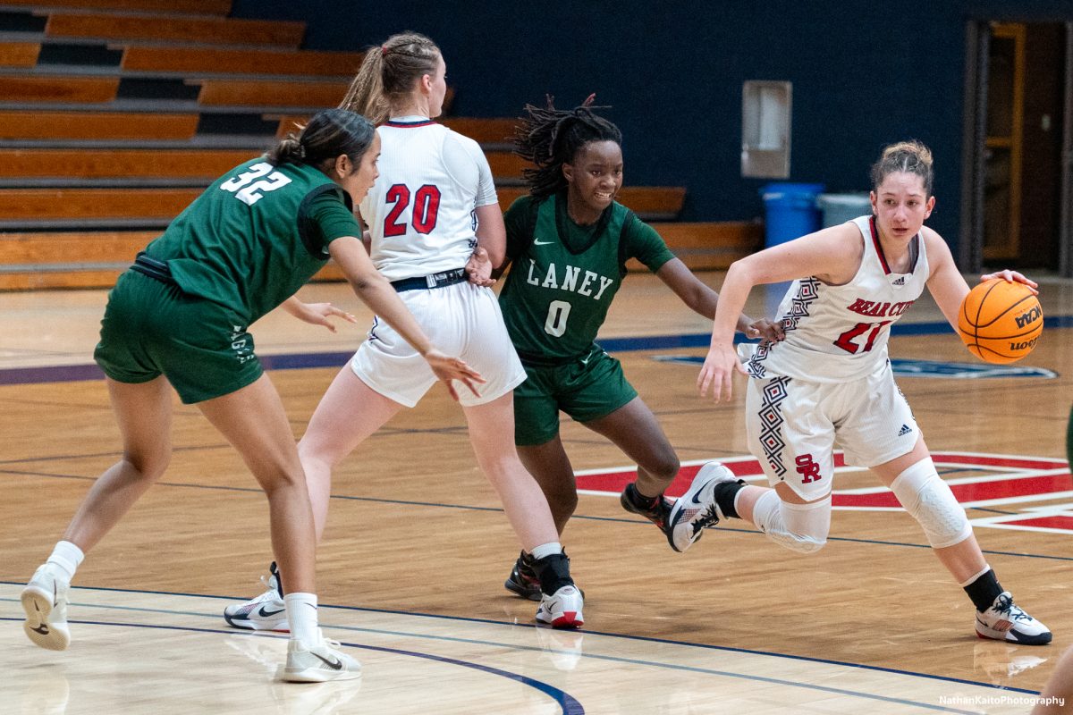 Bear Cub’s guard Hailey Webb looks to break down the Eagle’s defense as forward Syndey Martin sets a screen against Laney at Haehl Pavilion on Friday, Nov. 22, 2024. 